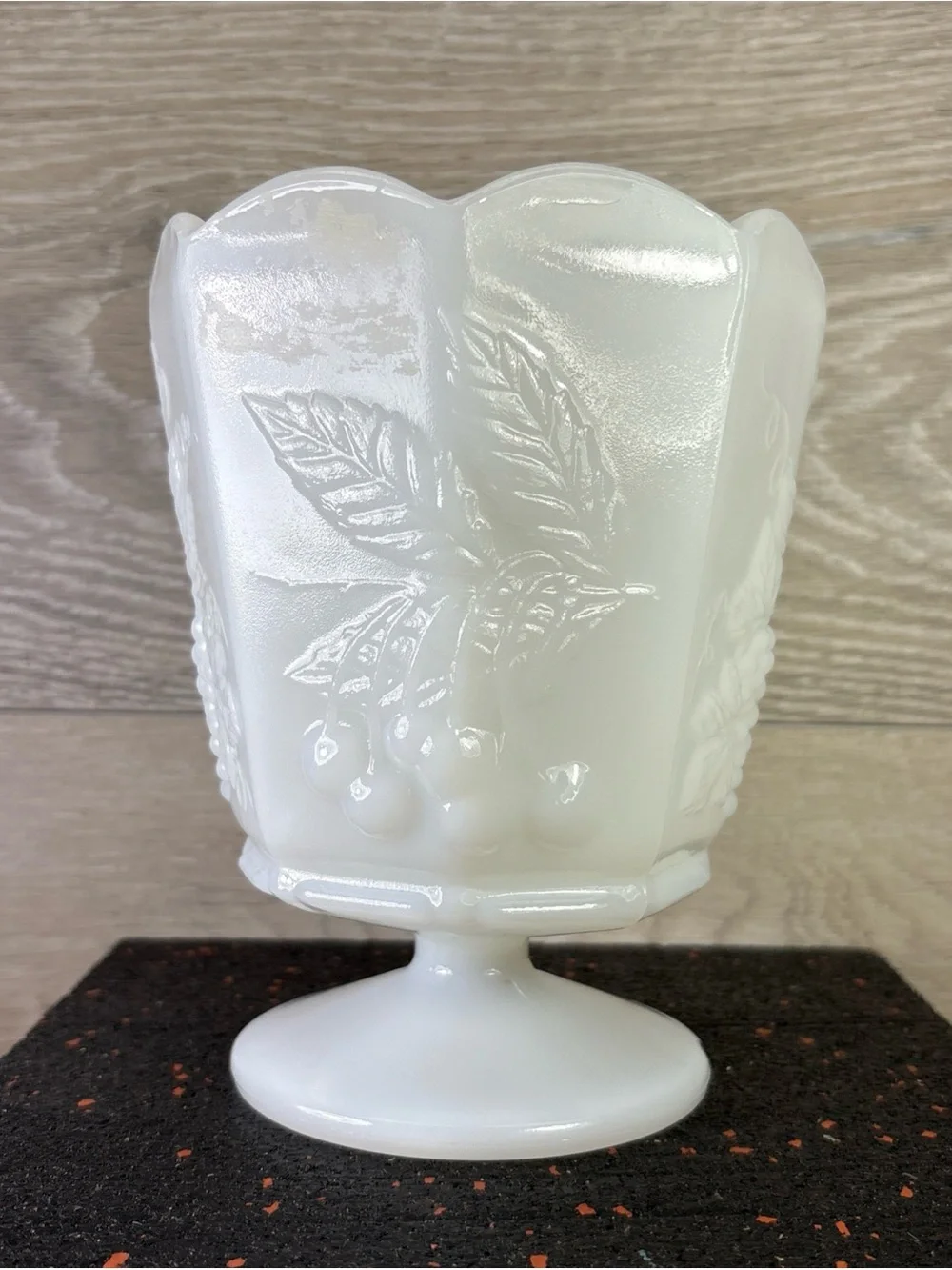 Milk Glass Pedestal Compote with Raised Berry Motif - White